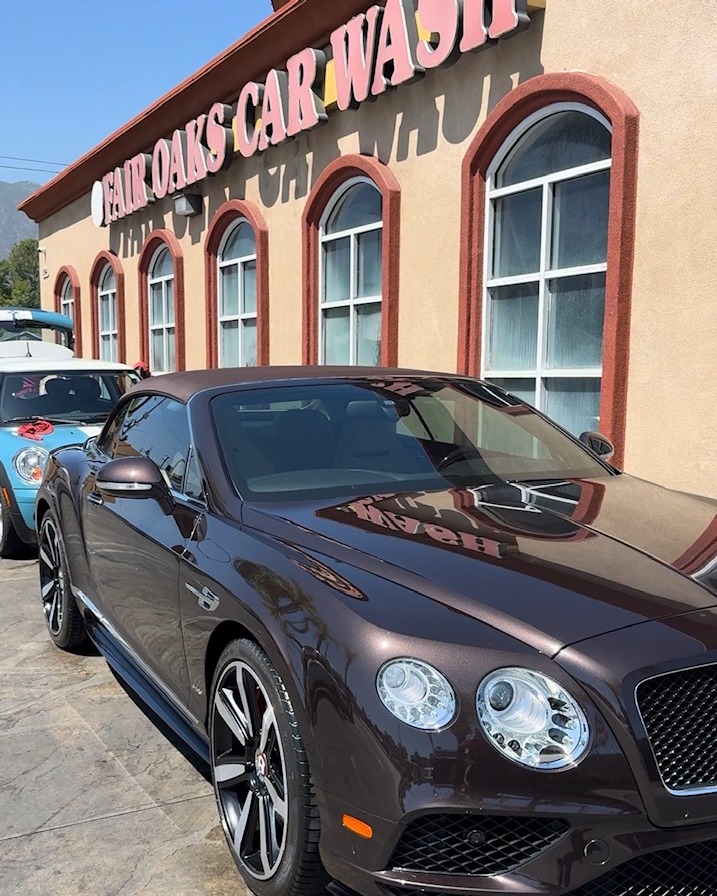 Maroon Bentley Continental GTC convertible at Fair Oaks Car Wash in Altadena